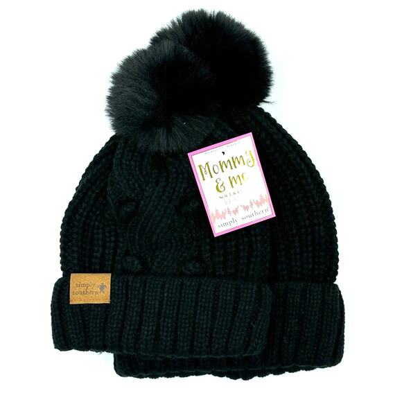 Simply Southern Mommy & Me Soft &‎ Fuzzy Black Knit Beanie Set - Picture 1 of 2